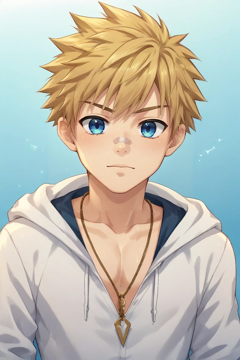 score_9, score_8_up, score_7_up, source_anime, rating_safe, , anime screencap, , official style, , , 1boy, solo, male focus, <lora:connor_bleufin_pony:0.9>, connor_bleufin, blonde hair, blue eyes, short hair, spiked hair, bandaid on face, necklace, , , <lora:sdxl_lightning_8step_lora:1>