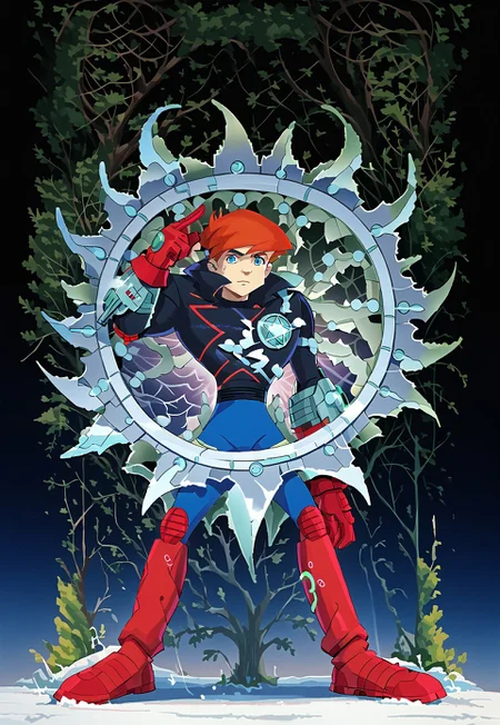 score_9, score_8_up, score_7_up, dynamic pose, full body shot, full body, source_anime, masterpiece, best quality, 1boy, James Rogers, Blue Eyes, Red Hair, Hero Costume, Black Jacket, Blue Pants, Red Gloves, Red Boots and Kneepads, one mechanical bracer, single bracer, bracer on left arm,  Transparent Shield. easynegative, ng_deepnegative_v1_75t, negative_hand, verybadimagenegative_v1.3, dark, chiaroscuro, low-key, pam-flwr, dark, chiaroscuro, low-key,  easynegative, Expressiveh, thick outline, white outline