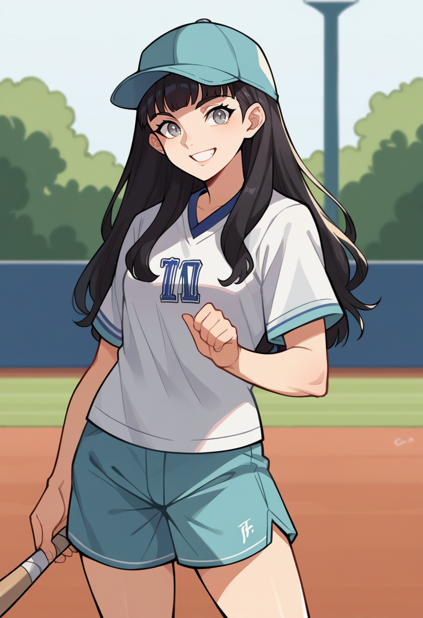 score_9, score_8_up, score_7_up, source_anime BREAK 1girl, solo,   <lora:zs_TaoXL:1> taosmtv, long hair, black hair, blunt bangs, grey eyes, sports tshirt, shorts, baseball cap, baseball bat, baseball field, smile