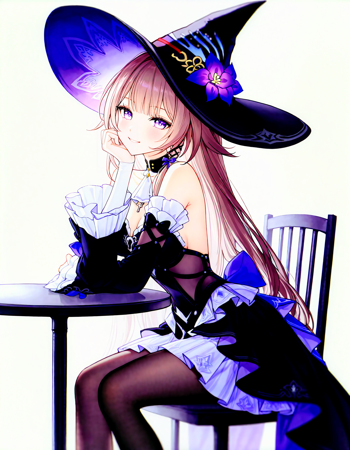 (masterpiece,best quality,newest,very aesthetic,highres,absurdres:1.2), simple background, white background, BREAK
solo, 1girl,<lora:the-herta-illustriousxl-lora-nochekaiser:0.85> the herta, the herta (honkai: star rail), brown hair, long hair, purple eyes, medium breasts, bare shoulders, black dress, black hat, detached sleeves, hat, hat flower, hat ornament, long sleeves, pantyhose, witch hat , 
blush, elbow on table, elbow rest, hand on own cheek, hand on own face, head rest, head tilt, looking at viewer, on chair, sitting, smile, solo, BREAK
<lora:noobai_vpred_1_masterpieces_v23:0.85>, <lora:sample:0.5> (gomzi:0.5),
