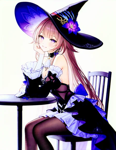 (masterpiece,best quality,newest,very aesthetic,highres,absurdres:1.2), simple background, white background, BREAK
solo, 1girl,<lora:the-herta-illustriousxl-lora-nochekaiser:0.85> the herta, the herta (honkai: star rail), brown hair, long hair, purple eyes, medium breasts, bare shoulders, black dress, black hat, detached sleeves, hat, hat flower, hat ornament, long sleeves, pantyhose, witch hat ,
blush, elbow on table, elbow rest, hand on own cheek, hand on own face, head rest, head tilt, looking at viewer, on chair, sitting, smile, solo, BREAK
<lora:noobai_vpred_1_masterpieces_v23:0.85>, <lora:sample:0.5> (gomzi:0.5),