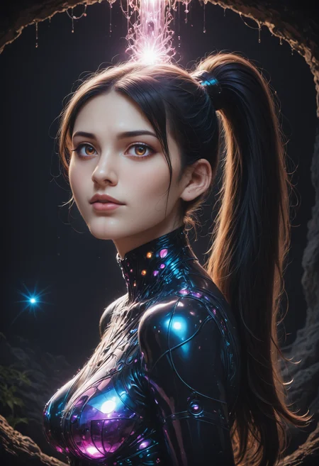 score_9,score_8_up,score_7_up, sorce_real, 8k, hd, (1 girl, brown eyes, high ponytail, bioluminescent latex suit, seij, <lora:Seij-000001:1>), cute and mischievous, black suit, purple details, neon colored glowing particles in the black skin, black skin with neon pink bioluminescence, cinematic light, looking at viewer, dark, night, mysterious atmosphere, floating hearts, beautiful creatures, flies through a dark stalactite cave at night, bioluminescent icicles on the walls, everything is shrouded in darkness. <lora:SDXLFaeTastic2400:0.7>, cave by Jed-Cosmos <lora:Jed-Cosmos-sdxl:0.4> <lora:ral-swarcrystl-sdxl:0.5> multicolored gemstones made of ral-swarcrystl, black gloves with glowing jewels, upper body, side view