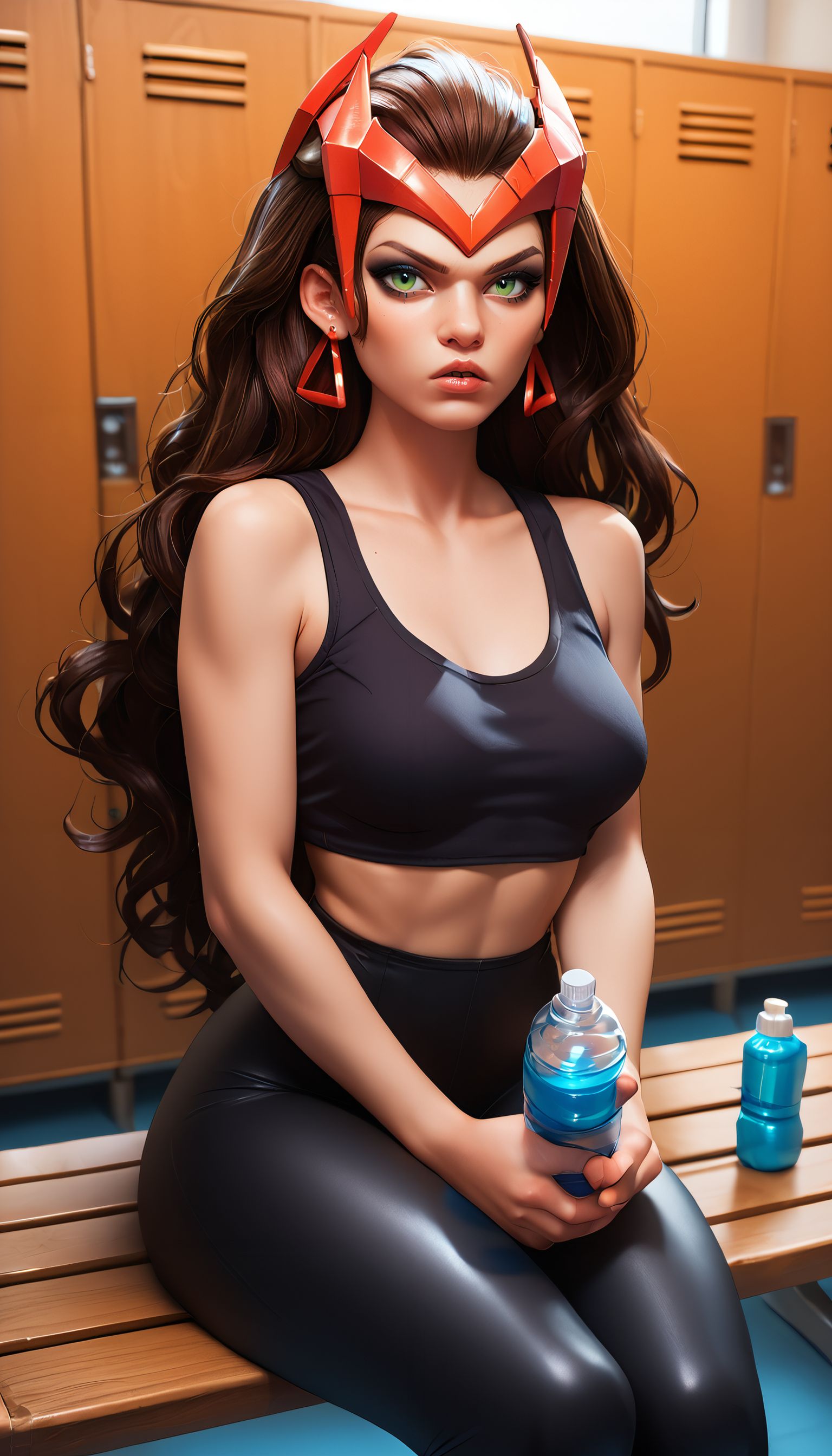 zPDXL3,<lora:LunarCAT_Style:.8>, <lora:WandaMR:.7>,
scrltwtchmr, woman, green eyes,makeup,brown hair,long hair, headpiece,earrings, medium breasts, black tank top, black leggings, looking at viewer, serious, parted lips, sitting, on bench, inside locker room, holding water bottle,
