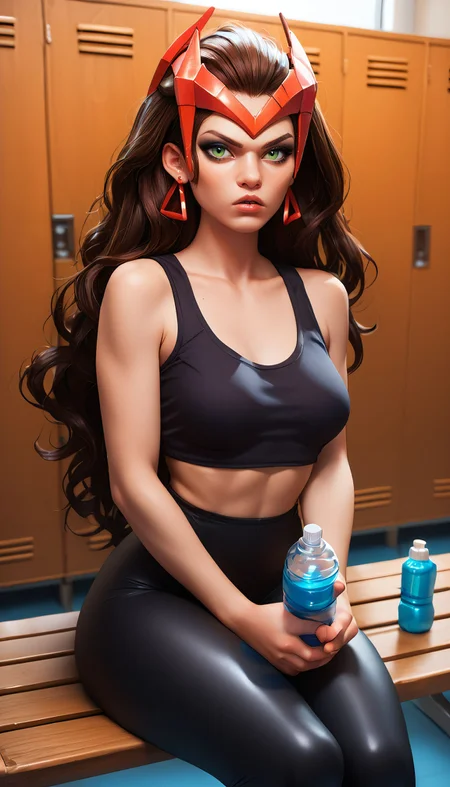 zPDXL3,<lora:LunarCAT_Style:.8>, <lora:WandaMR:.7>,
scrltwtchmr, woman, green eyes,makeup,brown hair,long hair, headpiece,earrings, medium breasts, black tank top, black leggings, looking at viewer, serious, parted lips, sitting, on bench, inside locker room, holding water bottle,