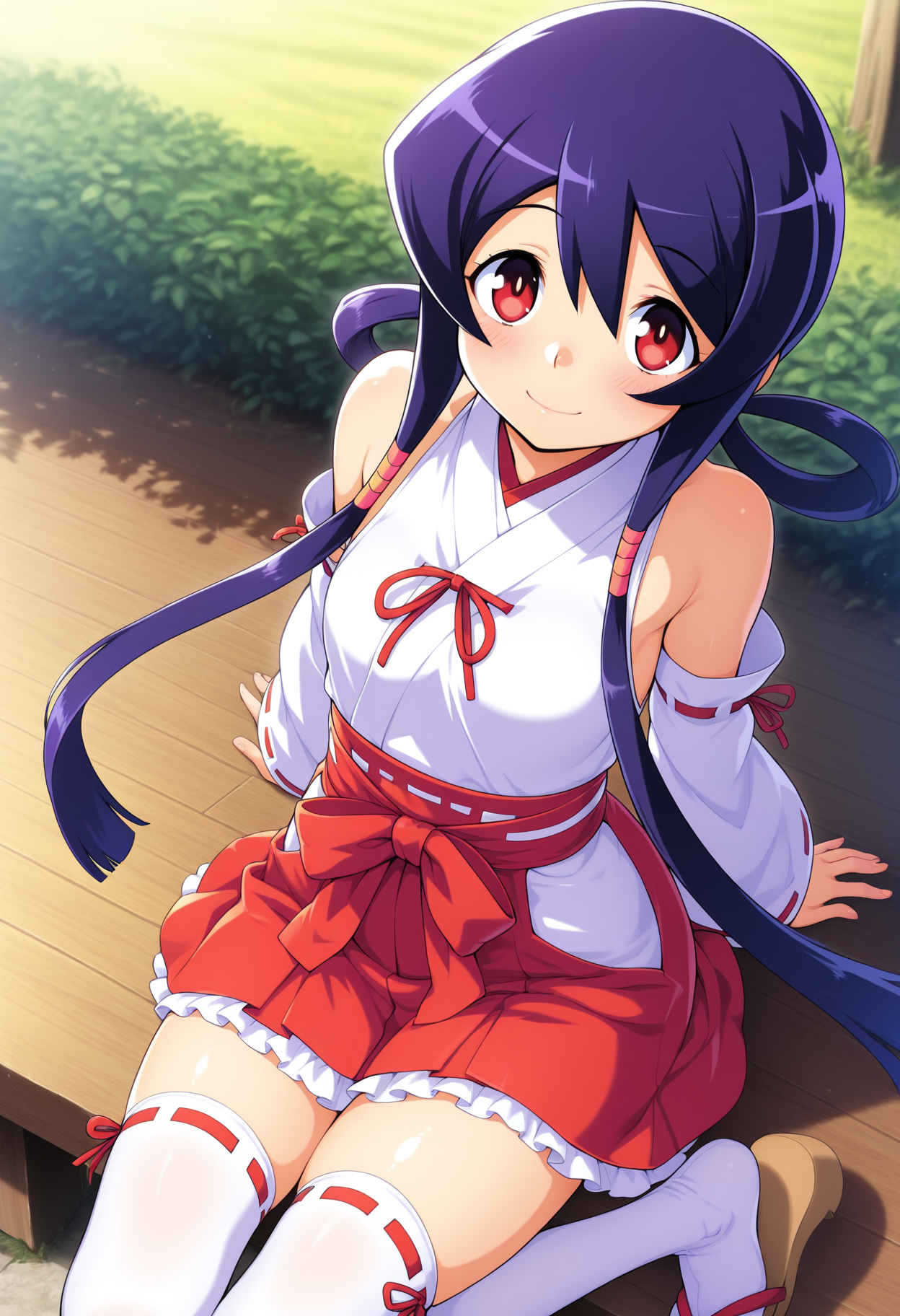 kaidou_akane, purple hair, red eyes, long hair, sidelocks, teenage,
ribbon trim, red ribbon, white detached sleeves, white japanese clothes, red short hakama, red skirt, thighâhigh white socks with frills, miko, zettai ryouiki, sandals
 <lora:kaidou_akane(yajikita douchuuki)_Illustrious-XL-1.1-v1:1>, masterpiece,best quality,amazing quality, 1girl, solo, sitting, (dynamic_pose),
 blush,closed mouth,light smile, 
looking at viewer,cowboy shot,
(outdoors)