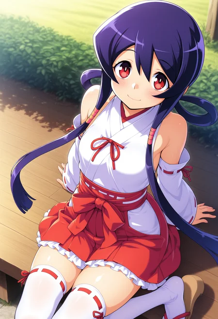 kaidou_akane, purple hair, red eyes, long hair, sidelocks, teenage,
ribbon trim, red ribbon, white detached sleeves, white japanese clothes, red short hakama, red skirt, thighâhigh white socks with frills, miko, zettai ryouiki, sandals
 <lora:kaidou_akane(yajikita douchuuki)_Illustrious-XL-1.1-v1:1>, masterpiece,best quality,amazing quality, 1girl, solo, sitting, (dynamic_pose),
 blush,closed mouth,light smile, 
looking at viewer,cowboy shot,
(outdoors)