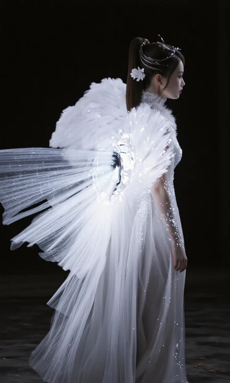 Top Atmosphere Photography Works, extremely realistic, Art by Zhang Jing.
a fairy wearing (a white Hanfu/made of glowing fiber optic circuits, luminescent fiber-optic electrical circuits), a pair of folded white glowing giant feather wings, the surrounding is a dark, empty void. the image is high quality and vivid with tech aesthetics.
(photorealistic:1.2), (Extremely realistic, masterpiece, top quality, official art, best quality, beautiful and aesthetic:1.2), 4k, 8k, very rich details, 24bit colors, vivid colors, cinematic color grading,