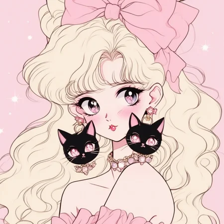 QBBvintage,1girl, black cat, bow, cat, chibi usa, crescent, crescent earrings, crescent facial mark, crescent moon, crystal earrings