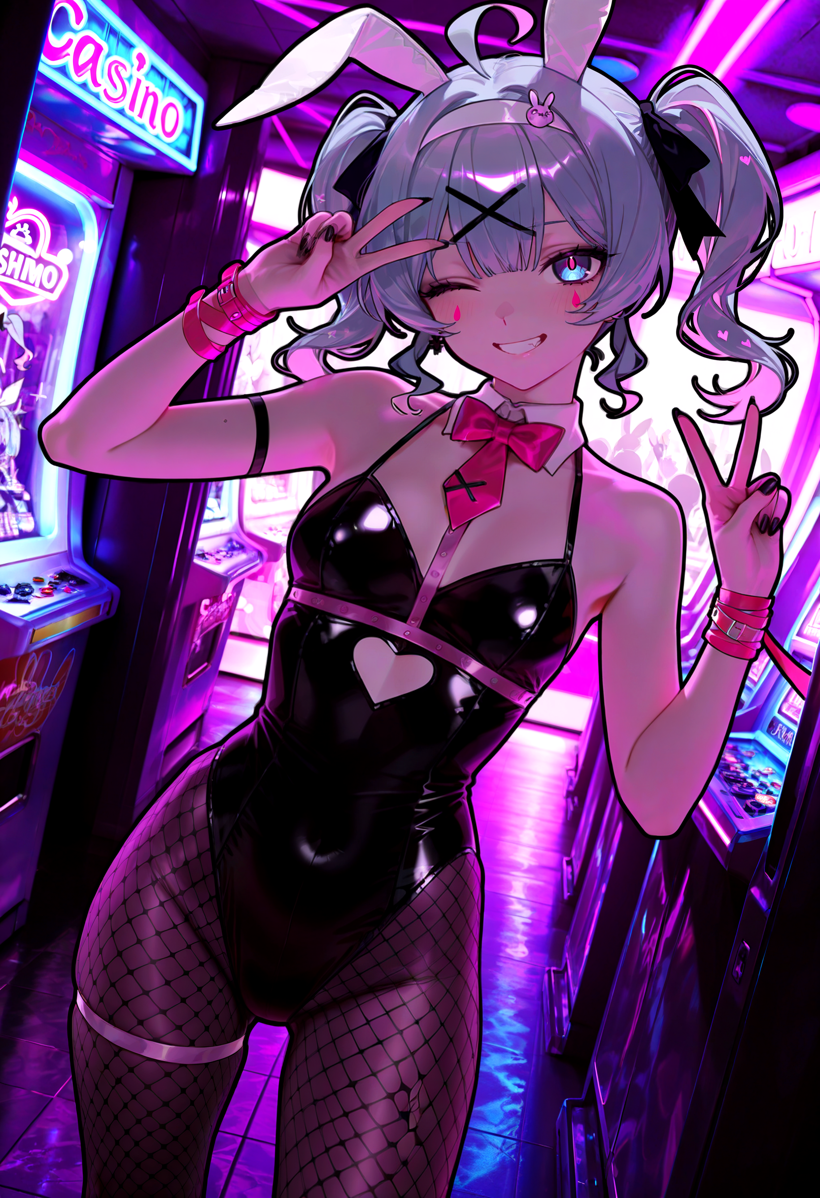 masterpiece, best quality, photo background, photography \(artwork\), photo \(medium\), detailed, detailed background, detailed foreground, detailed clothing, detailed hair, wrinkles, skin folds, intricate, volumetric lighting, backlighting, low contrast, (black outline, thick outlines, thick outline, outline,:1.3) bokeh, bloom, 1girl, aged up, rabbit hole \(vocaloid\), curvy figure, small breasts, cowboy shot, casino, scenery, solo focus, black fingernails, long fingernails, leotard, pink harness, black fishnet pantyhose, arcade, ambient lighting, rim light, dark room, high angle, cowboy shot, contrapposto, double v sign, wink, one eye closed,