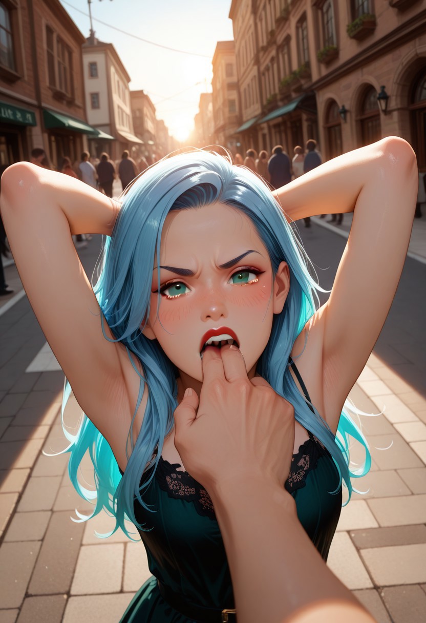 masterpiece, best quality, very aesthetic, absurdres, cinematic lighting, detailed, intricate details, dynamic angle,
BREAK,
1girl, stunning 24yo, long hair, blue hair, green eyes, red lips, 
BREAK,
(standing), (hands behind head), arms up,
pov hands, domination, dominant male, 
hand in another's mouth, open mouth, mouth focus,
BREAK,
looking at viewer, angry, tears, blushing,
BREAK,
on the sidewalk, public street, day, sunlight, people in the background,