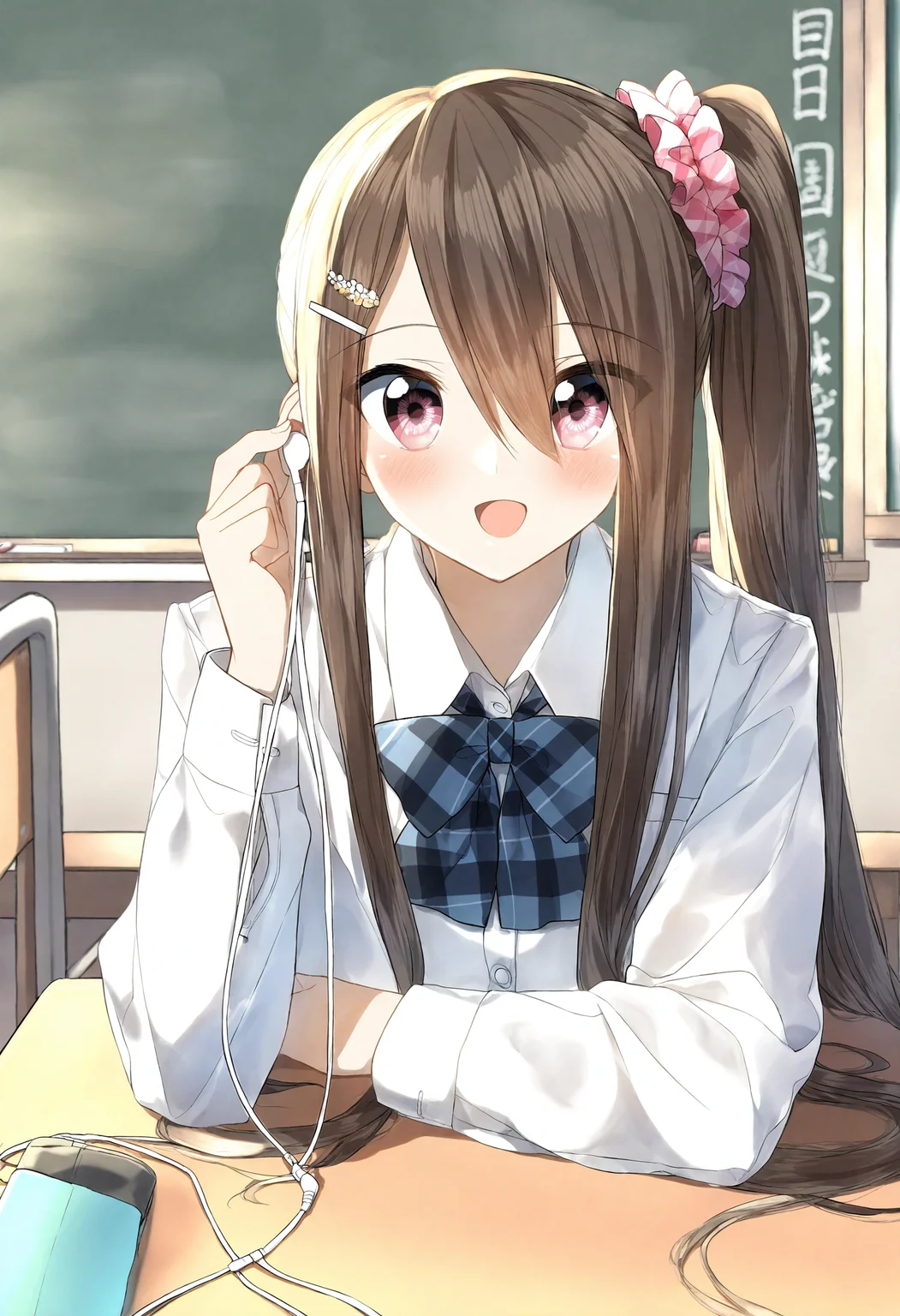 <lora:penta1_noob1.1-000139:0.9>,
1girl, hair ornament, desk, solo, earphones, school desk, hair scrunchie, hair between eyes, long hair, indoors, scrunchie, shirt, blush, bow, pink scrunchie, brown hair, white shirt, looking at viewer, classroom, hairclip, long sleeves, open mouth, smile, chalkboard, earbuds, plaid, collared shirt, side ponytail, one side up, shared earphones, plaid bow, :d, school uniform, holding, dress shirt, very long hair, bowtie, upper body, eyes visible through hair,
masterpiece,best quality,newest,absurdres,highres,very awa,