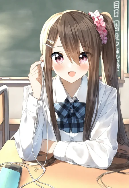 <lora:penta1_noob1.1-000139:0.9>,
1girl, hair ornament, desk, solo, earphones, school desk, hair scrunchie, hair between eyes, long hair, indoors, scrunchie, shirt, blush, bow, pink scrunchie, brown hair, white shirt, looking at viewer, classroom, hairclip, long sleeves, open mouth, smile, chalkboard, earbuds, plaid, collared shirt, side ponytail, one side up, shared earphones, plaid bow, :d, school uniform, holding, dress shirt, very long hair, bowtie, upper body, eyes visible through hair,
masterpiece,best quality,newest,absurdres,highres,very awa,