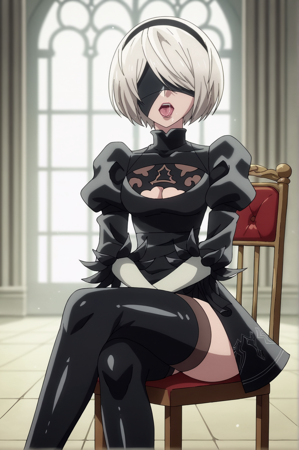 score_9, score_8_up, score_7_up,anime_source, source_anime, best background, detailed background, anime screencap,  yorha 2-gou b-gata, 1girl, black dress, cleavage cutout, clothing cutout, dress, gloves, juliet sleeves, long sleeves, puffy sleeves, short hair, solo, thighhighs, horny, naughty face, tongue out, saliva, sitting, chair, cross legs, cross arms, dynamic angle,  indoors,  <lora:JN_YoRHa_2-gou_B-gata:0.8>