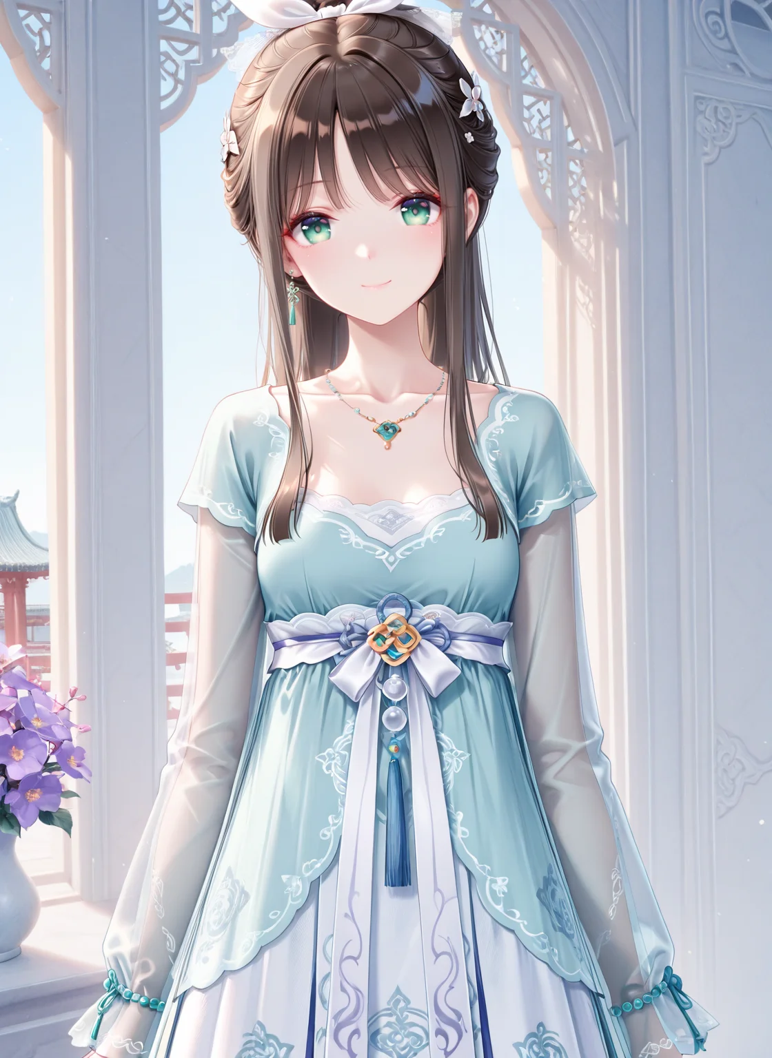 masterpiece,best quality,newest,absurdres,highres,soft shadows,year2024,mutou kurihito,(kimishima ao:0.7),(hiten \(hitenkei\):0.4),(sheya:0.4),
<lora:MisakiXLNAI:1>,ensemble style,misaki(ensemble),1girl,ponytail,white ribbon,brown hair,green eyes,smile,looking at viewer,
<lora:qixiongruqunXLNAI:1>xinsuitong, qixiong ruqun, chinese clothes, flower, necklace, see-through sleeves,long sleeves,
chinese architecture,