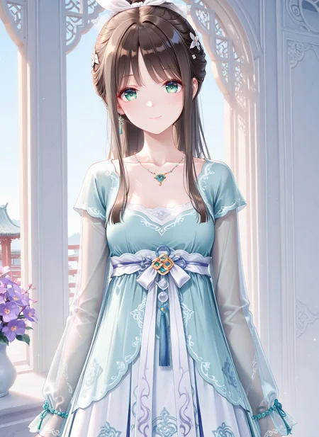masterpiece,best quality,newest,absurdres,highres,soft shadows,year2024,mutou kurihito,(kimishima ao:0.7),(hiten \(hitenkei\):0.4),(sheya:0.4),
<lora:MisakiXLNAI:1>,ensemble style,misaki(ensemble),1girl,ponytail,white ribbon,brown hair,green eyes,smile,looking at viewer,
<lora:qixiongruqunXLNAI:1>xinsuitong, qixiong ruqun, chinese clothes, flower, necklace, see-through sleeves,long sleeves,
chinese architecture,