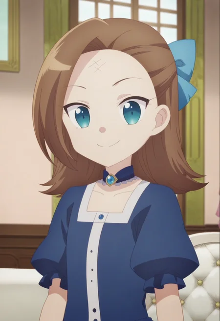 score_9, score_8_up, score_7_up, score_6_up, score_5_up, score_4_up , anime coloring ,BREAK source_anime, anime,screencap,
1girl, solo, katc, forehead mark, blueoutfit, blue dress, blue hair bow, blue choker, <lora:PonyXL Young Catarina V2:1>
indoors, upper body
smile, looking at viewer,