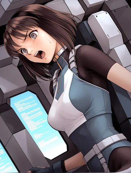 masterpiece,best quality,newest,
1girl,solo,
<lora:nagase_mari_ilxl_v1.0:1>,mari,black hair band,bob_cut,brown hair,grey eyes,
r_suit,turtleneck,skin tight,bodysuit,crop top,short sleeves,fingerless gloves,leotard,<lora:Fixhands_anime_bdsqlsz_V1:1>,dynamic_angle,standing,upper_body,face_focus,sweat,screaming,serious,looking_at_screen,<lora:gundamwingcockpitXL2:1>,gundamwingcockpit,joystick,sitting,dutch angle,cinematic_angle,