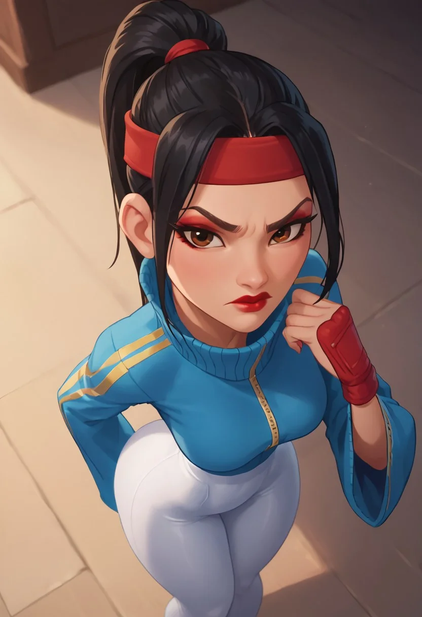 score_9, score_8_up, score_7_up, ultra quality, solo, 1girl, chang'e_tt, 1girl, asian, high ponytail (black hair, red headband), big eyelashes, brown eyes, makeup, red eyeshadow, red lipstick, red nails, red wristbands, blue track jacket (turtleneck, wide sleeves), light blue spandex, angry, pouting, big hips, big butt, bubble butt, breasts, narrow waist, curvy, score_9, score_8_up, score_7_up, score_6_up, looking at the viewer, standing, close up, view from above, face focus, screencap
