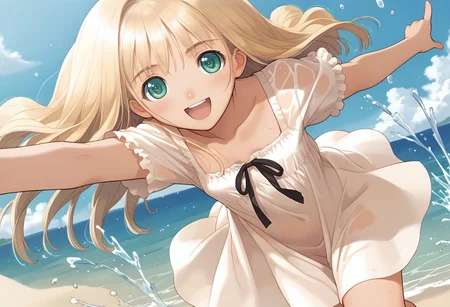 hortensia,score_9,score_8_up,score_7_up,source_anime,best quality,masterpiece,illustration,8k,smooth_lines,1girl,solo,adorable_girl,very_long_hair,(small_chest:0.9),smile,happy,open_mouth,white_long_sundress,wet_sundress,looking_at_viewer,beach,water,(splashing_at_viewer:1.2),(sided_face)