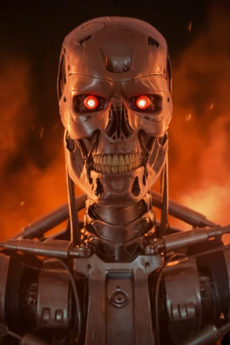 T800_Endo, Terminator robot, score_9, score_8_up, score_7_up, (source_IRL, source_movie), cinematic, realistic, masterpiece, high quality, highres RAW photo, ((close-up shot))
a T800_Endo Terminator Robot with glowing red eyes, he is made of metal, <lora:T800_Endo_Terminator_Pony_v1:1>
(standing in flames)
black background, in flames, fire, fflames and fire everywhere, there is so much fire
dynamic lighting, highly detailed, intricate details