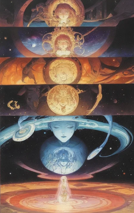artwork <lora:Moebius:1>,, Echoes of past lives linger in the cosmic ether, leaving imprints on the tapestry of existence.