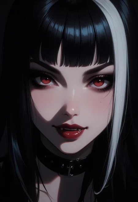 masterpiece, high detail, masterpiece, closeup portrait of stunning oriental vampire woman, long black hair with white streak, bangs, dark eyeshadow, detailed red eyes, red lips, mouth slightly open in lustful smile showing fangs, chiascuro, sexy, seductive, erotic, direct gaze, dark background. highest definition, HD32K, wallpaper, hyperdetailed, concept art, extreme closeup, front view, gazing into the camera