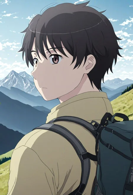 high resolution, solo, best quality, 1Boy, Inaho Kaizuka, Black Hair, Brown Eyes, landscape, upper body, look at the view behind, upper body, high mountain, hiking gear, , OverallDetail