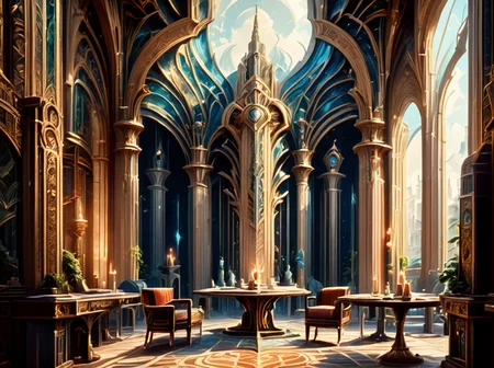 score_9,score_8_up,,score_7_up,,<lora:art_deco_pony:0.8>,
artdecostyle,Fantasy Art Deco,
, scenery, no humans, , pillar, chair, table, candle, book, architecture, indoors,detail,natural light,detail shadow,