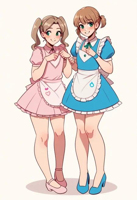 femboy, pink highlight, diaper, diaper under skirt, shoulder length hair, light brown hair, androgynous, blush, smile, adult, 22 years old, source_anime, pigtails, green eyes, only 1 boy, wearing dr3ss, satin maid outfit, short poofy voluminous skirt, frills, apron