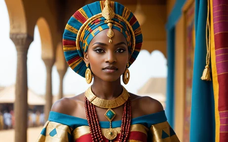 [Nubian:West African:0.5] theme, a majestic young Nubian woman standing proudly in a vibrant West African setting, adorned in ((luxurious traditional attire)), floor-length gown rich in geometric patterns and bold colors, wide sleeves, intricately beaded bodice, layered necklaces made of gold and precious stones, a headwrap with elaborate folds, showcasing the richness of West African textiles, her skin glowing, adorned with subtle traditional face paint highlighting her features, gold hoop earrings, her posture regal, a blend of cultural heritage and contemporary elegance, the background a lively market scene, colorful stalls displaying an array of fabrics and crafts, warm, golden sunlight casting long shadows, creating a harmonious interplay of light and color, a bustling atmosphere yet she remains the undoubted focal point, her gaze powerful and serene, embodying the essence of Nubian grace and West African vibrance