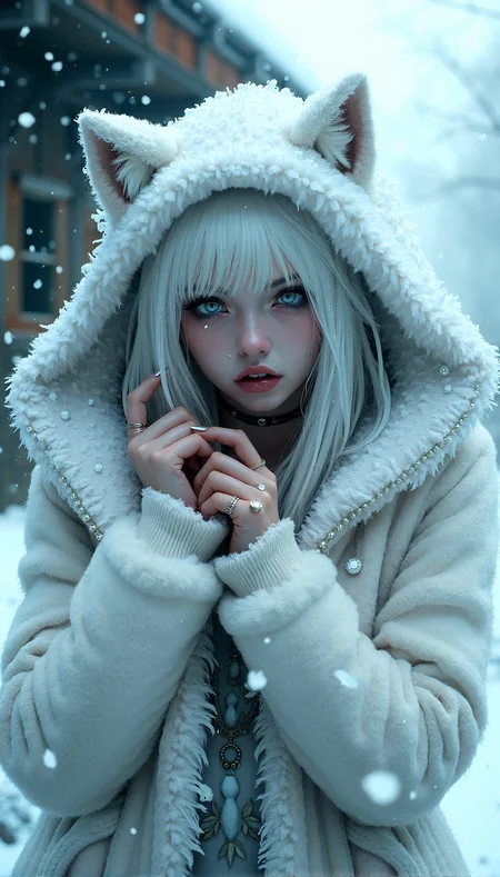 photorealistic of a stunning almost anime like figure of a voluptuous white haired woman, gothic fashion , large breast, alluring figure  with subtle glowing white eyes with slit pupils, moist pink lips, fangs, sharp long fingernails,  wearing a fluffy white wolf hooded jacket with long sleeves and her sleeves are past wrist,  wearing beautiful necklace, soft lighting, realistic and delicate facial features, fallen snowpetal,  photorealistic rendering. Natural light interplay on skin,Photorealistic shadow softness, Lifelike hair gloss , Photorealistic color grading, An abandoned watchtower, its structure groaning under the weight of the ice and snow.A cluster of old, weathered wooden cabins, their roofs and walls thick with snow and ice.She touches her cheek lightly with one hand, tears streaming down her face, her expression sorrowful.
































