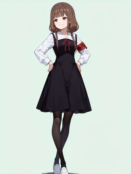 perfect quality,high quality,masterpiece,best quality,amazing quality,very aesthetic,absurdres,Cinematic Lighting,newest,Tactical use of shadow,
front view,full_shot,smile,
1girl,solo,brown hair,long hair,bangs,blunt bangs,twintails,low twintails,brown eyes,shuuchiin academy school uniform,school uniform,summer uniform,armband,ribbon,neck ribbon,red ribbon,shirt,white shirt,dress,black dress,pantyhose,black pantyhose,white footwear,shoes,IinoMikoCYQL,
full body,standing,hands_on_hips,,
lime background,simple background,
usnr,748cmstyle,<lora:USNR STYLE_XL_loha:0.45>,<lora:spo_sdxl_10ep_4k-data_lora_webui:0.6>,<lora:illustrious_all_rated_v1:0.6>,<lora:748cmSDXL:0.6>,<lora:illustrious_quality_modifiers_masterpieces_v1:0.8>,<lora:lora.by_tusi:1>,