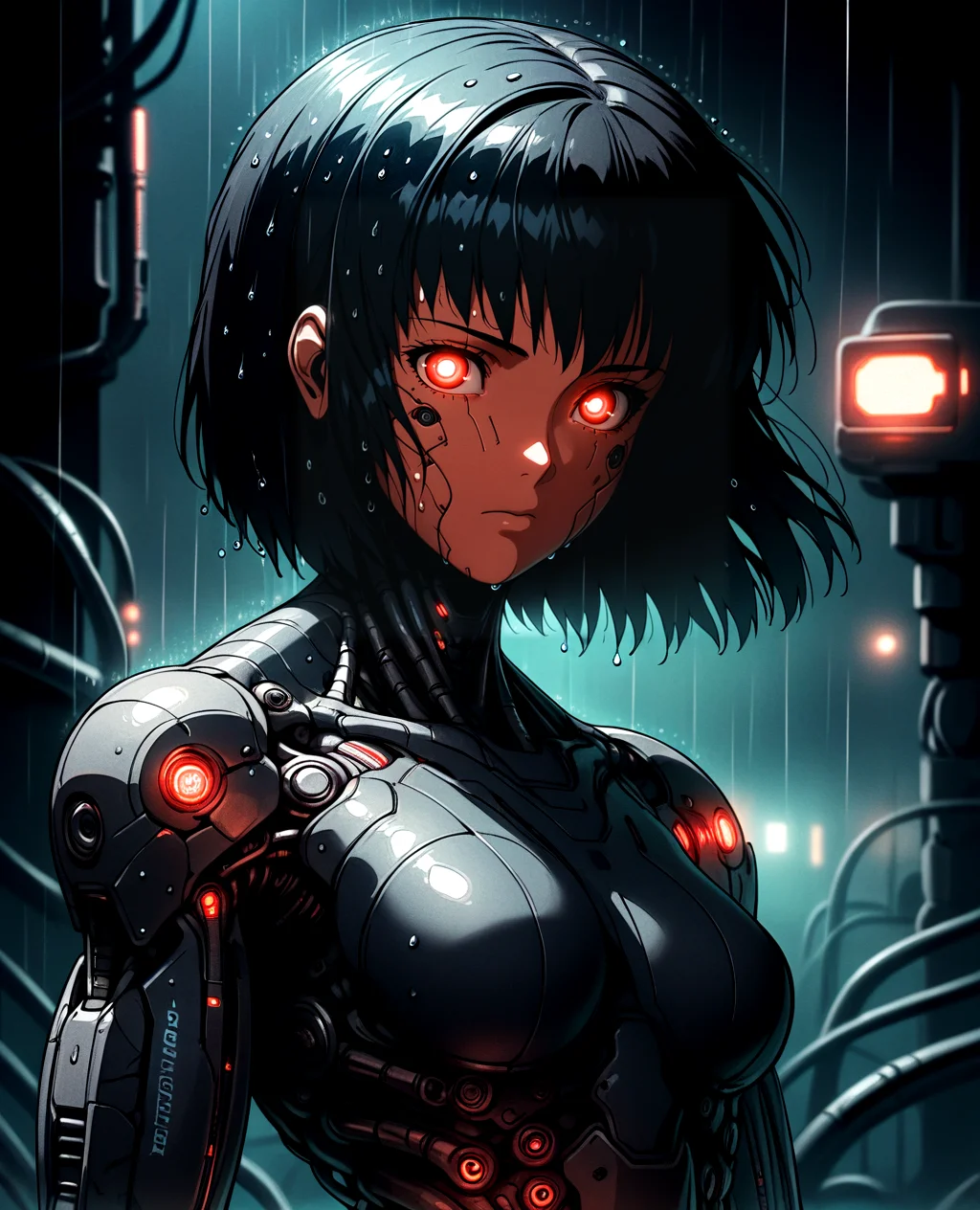 1girl, solo, cyborg, deep red eyes, warm skin color, short hair, cable, science fiction, breasts, mechanical parts, glowing spots on body, looking at viewer, upper body, android, black hair, robot joints, closed mouth, bangs, dark theme, glow, neon, wet, rain, night, soft expression, cyberpunk art, neogeo, saturated, high contrast, halftone effect <lora:RetroAnimeRedux_epoch_10:1> <lora:mecha:.5> mecha