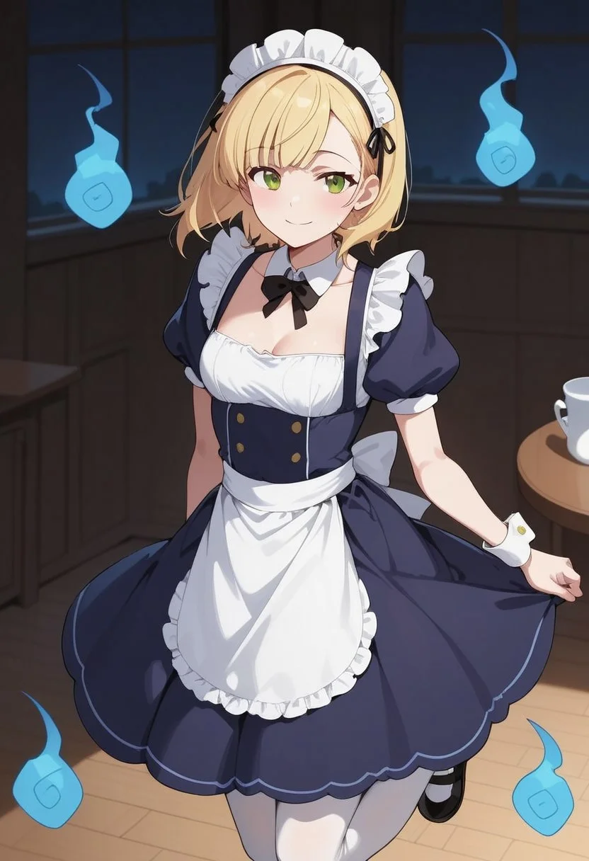 score_9, score_8_up, score_7_up, source_anime, (1girl),(solo:1.9)
BREAK,
HDA_MasterpieceXL_v.1,perfect hands
BREAK
1girl: <lora:Rosalie ST300N-v:1>, solo,1girl,Rosalie,blonde hair, (small hair), green eyes,small breasts
BREAK
 (((blue fireballs on the sides,  floating,  ghost, translucent legs)))
BREAK
inside, maid cafe, cups, Standing,
BREAK
, cleavage, apron, wrist cuffs, black maid,black skirt, maid headdress, enmaided, smug, White stockings, waitress slippers,pose sexy
BREAK
, hands behind back