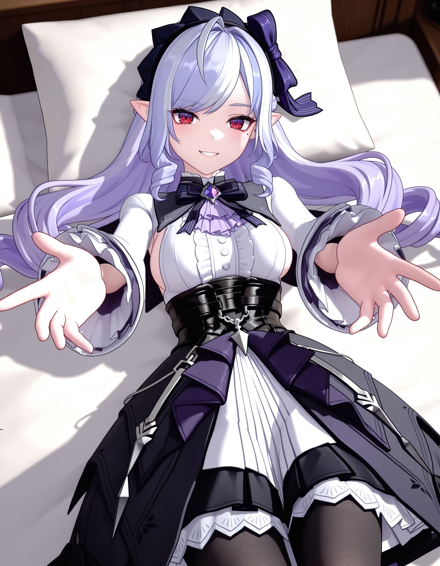 best quality, masterpiece, absurdres, 3d, view from above, lying down on the bed, reaching viewer, grin,
1girl, <lora:vivian.il:0.7>, vivian, pointy ears, red eyes, mole under eye, multicolored hair, purple hair, white hair, streaked hair, ahoge, swept bangs, drill hair, drill sidelocks, long hair, two-tone hairband, black hairband, purple hairband, purple hair bow, black shoulder cape, short cape, purple gemstone, multiple bows, purple bowtie, black bowtie, purple ascot, frilled ascot, white dress, frilled dress, pleated dress, center frills, sideboob cutout, long sleeves, wide sleeves, frilled sleeves, black corset, two-tone skirt, black skirt, purple skirt, frilled skirt, layered skirt, black pantyhose