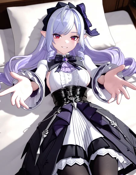 best quality, masterpiece, absurdres, 3d, view from above, lying down on the bed, reaching viewer, grin,
1girl, <lora:vivian.il:0.7>, vivian, pointy ears, red eyes, mole under eye, multicolored hair, purple hair, white hair, streaked hair, ahoge, swept bangs, drill hair, drill sidelocks, long hair, two-tone hairband, black hairband, purple hairband, purple hair bow, black shoulder cape, short cape, purple gemstone, multiple bows, purple bowtie, black bowtie, purple ascot, frilled ascot, white dress, frilled dress, pleated dress, center frills, sideboob cutout, long sleeves, wide sleeves, frilled sleeves, black corset, two-tone skirt, black skirt, purple skirt, frilled skirt, layered skirt, black pantyhose