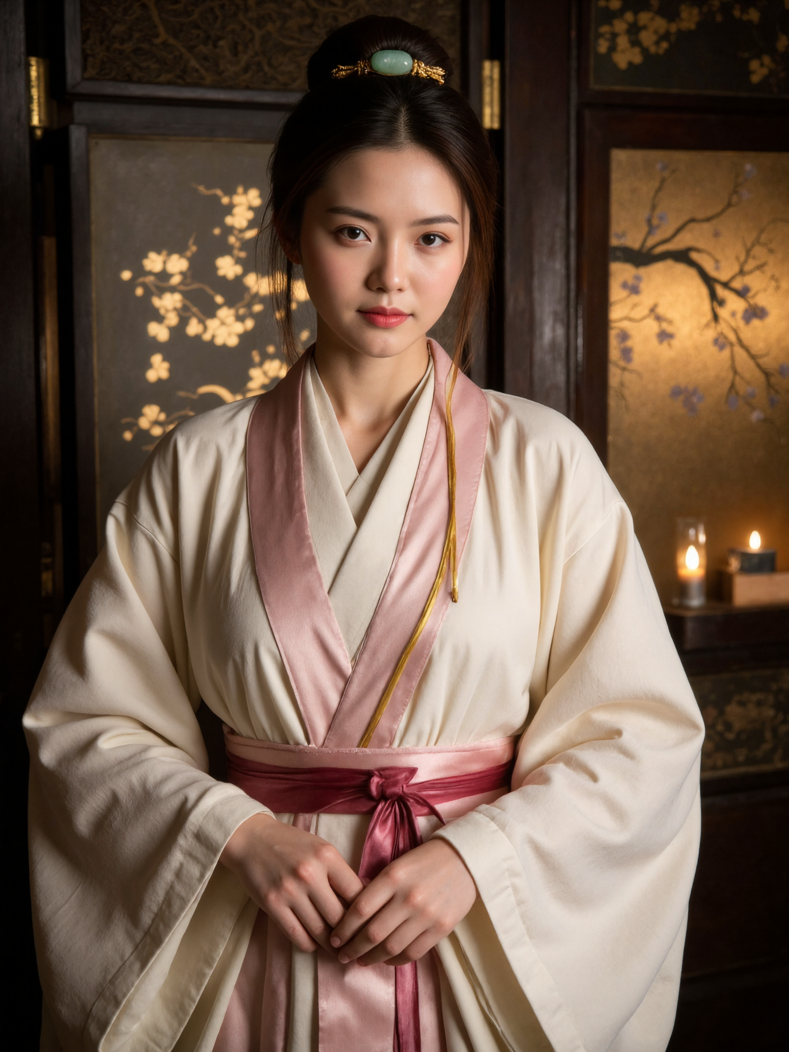 Inside a dimly lit room adorned with traditional decor, a young woman stands gracefully, depicted from the waist up. She wears a flowing Hanfu with a pale rose outer robe layered over an ivory inner garment. The fabric crosses neatly at her chest, secured by a silk sash, from which slender ribbons in gold and crimson drift gently around her sleeves and waist. Behind her, a lacquered folding screen painted with plum blossoms casts a soft shadow, partially illuminated by the flicker of a nearby candle. The warm candlelight dances along the folds of her robe, creating subtle highlights across her collar and shoulders. Her face is serene, with a composed gaze and delicately parted lips. A few loose strands of hair frame her face, while the rest is coiled into a simple bun adorned with a jade hairpin. The interplay of light and shadow brings a quiet elegance to the scene, grounding her figure in a moment of stillness and timeless grace.