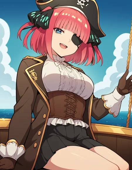 score_9, score_8_up, score_7_up, source_anime, <lora:nnakano-s2-ponyxl-lora-nochekaiser:1>, short hair, bangs, blue eyes, hair ornament, hair ribbon, pink hair, blunt bangs, two side up, butterfly hair ornament, large breasts,, <lora:pirate-costume-ponyxl-lora-nochekaiser:1>, pirate costume, pirate hat, skirt, gloves, jacket, shirt, eyepatch,, blue sky, sea, ocean, pirate ship, treasure, gold, smug, open mouth, from below, sitting,, cowboy shot