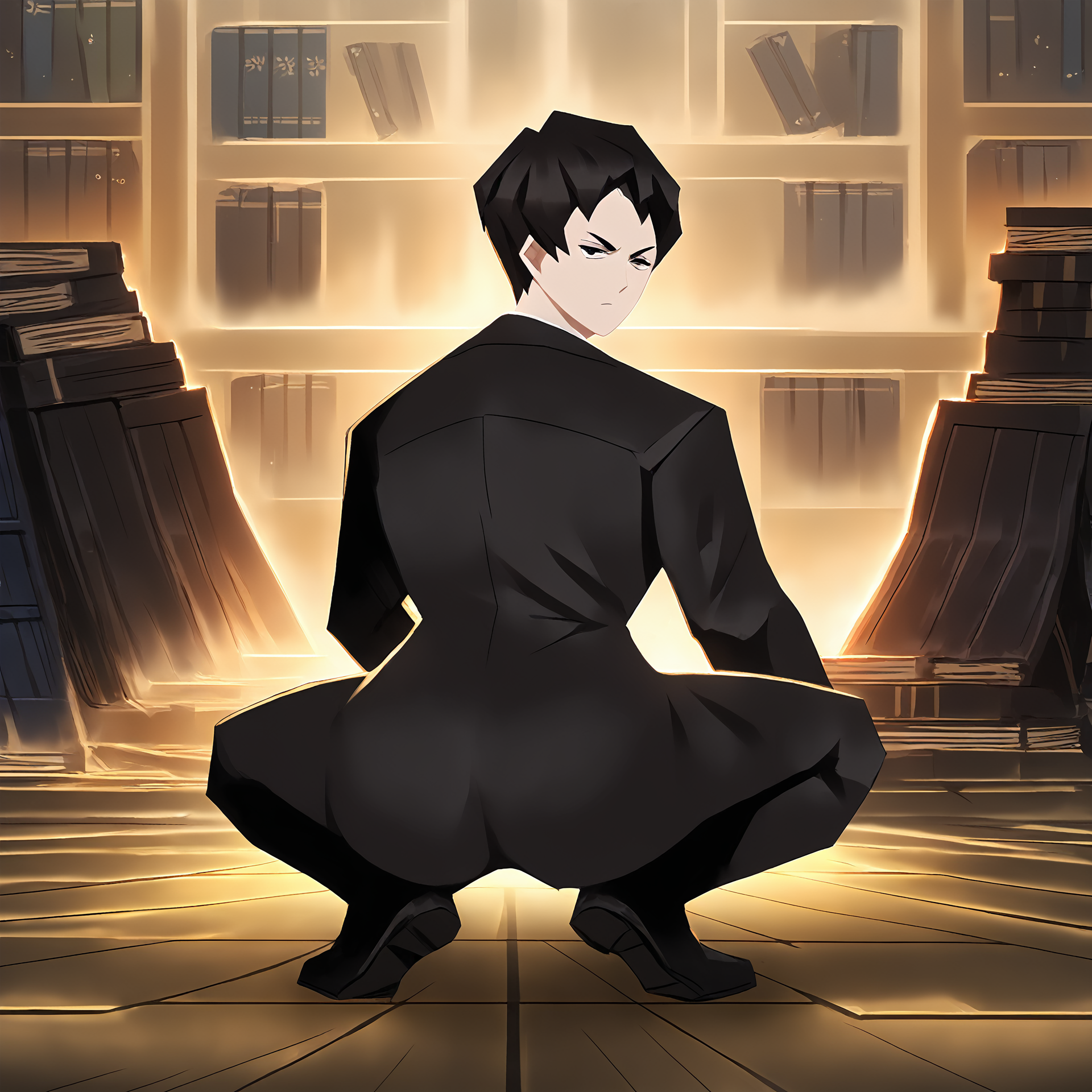 score_9,
<lora:library_of_ruina_v1_pruned:1>, 
<lora:broly_culo_v1_pruned:1>, broly culo, squatting, looking back, looking at viewer, spread legs, 
solo, 1boy, black suit, black hair, short hair, black eyes, 
bookshelf,
high resolution, Masterpiece, detailed