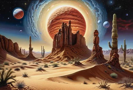 masterpiece, top quality, best quality, highly detailed, realistic photo,
A painting exploring the aridness of the desert and the mystery of cosmic wonders.
Using airbrushing for art, often for smooth gradients,
<lora:RMSDXL_Enhance:0.8>
<lora:Surreal Harmony:1>
<lora:Unsettling_2.0-000002:1>