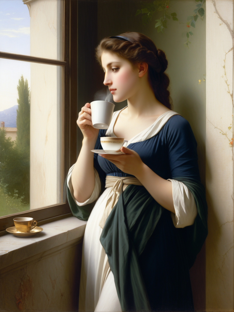 <lora:05ClassicalArt_Hap_XL:1>, William-Adolphe Bouguereau style, Very beautiful woman drinking coffee near the window.