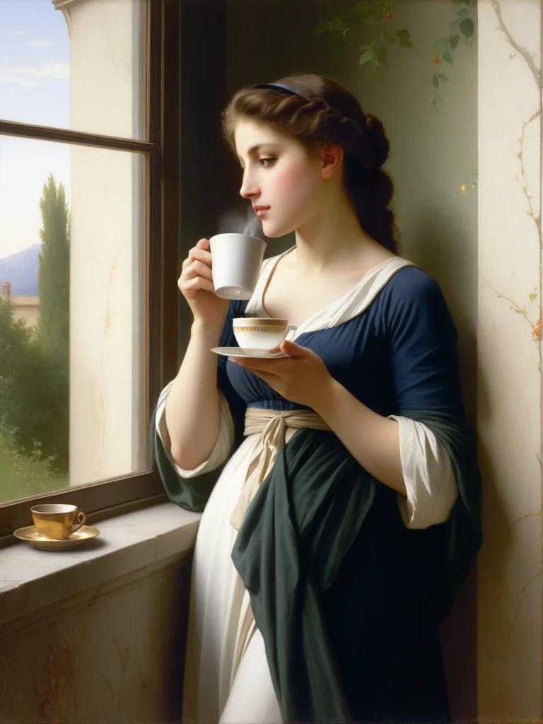 <lora:05ClassicalArt_Hap_XL:1>, William-Adolphe Bouguereau style, Very beautiful woman drinking coffee near the window.