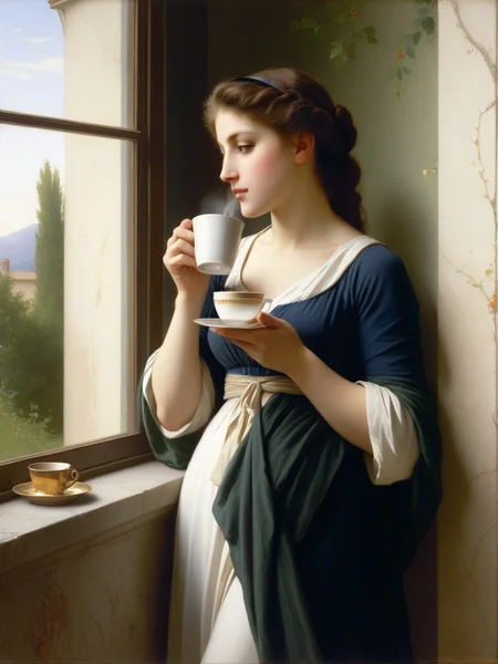 <lora:05ClassicalArt_Hap_XL:1>, William-Adolphe Bouguereau style, Very beautiful woman drinking coffee near the window.