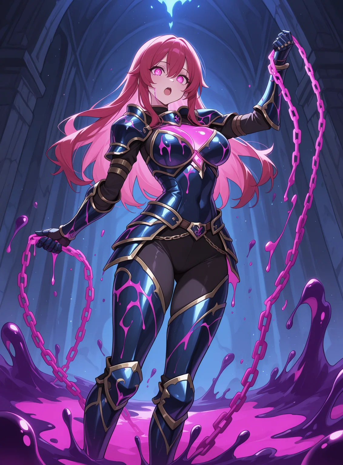 1girl, poison slime, solo, open mouth, full armor, plated armor, holding chain, breasts, poison liquid coming out of her armor, dripping poison, poison glow, poison energy, glowing, <lora:2DVFX_IL_Concept-000005:1> 2DVFX, <lora:noobai_vpred_1_masterpieces_v1:1> masterpiece, best quality, very awa, absurdres
