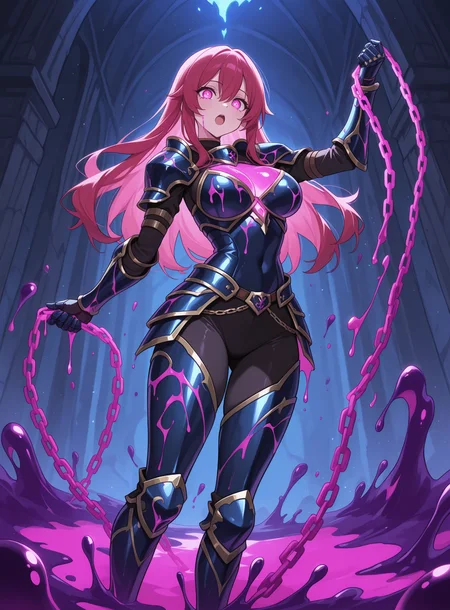 1girl, poison slime, solo, open mouth, full armor, plated armor, holding chain, breasts, poison liquid coming out of her armor, dripping poison, poison glow, poison energy, glowing, <lora:2DVFX_IL_Concept-000005:1> 2DVFX, <lora:noobai_vpred_1_masterpieces_v1:1> masterpiece, best quality, very awa, absurdres