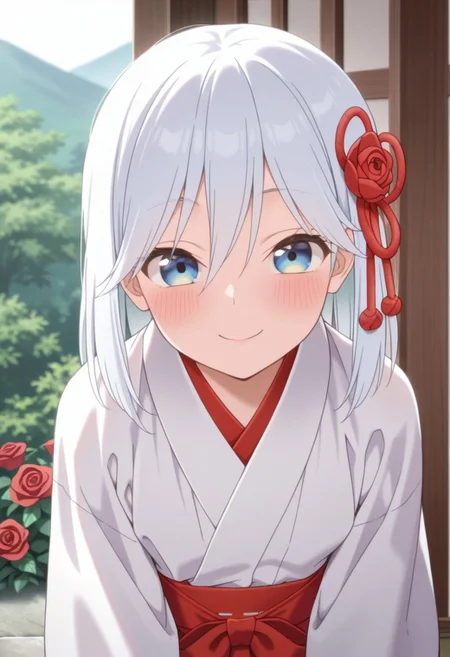 masterpiece,best quality,amazing quality, asahi amagami, blue-white hair, blue eyes, 1girl, solo, japanese clothes, smile, miko, looking at viewer, flower, blush, kimono, rose, red flower