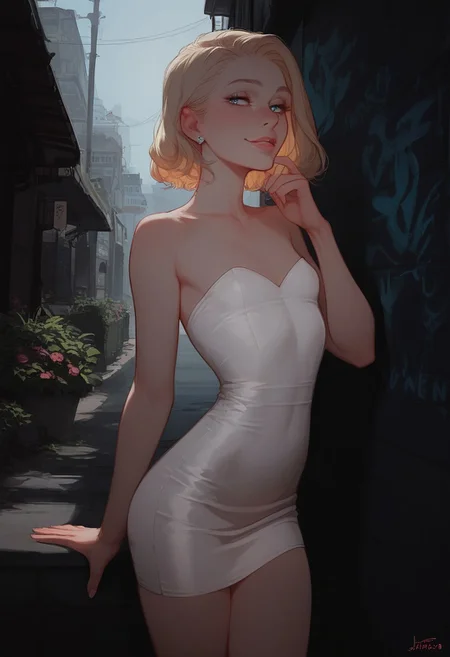 score_9,score_8_up,score_8,score_9,(((pastel colors, high contrast,expressiveh,solo focus, )))((blue eyes,blonde hair,naughty face, straight hair, pale skin,white dress,short dress, tight dress,strapless dress, thighs)) (1girl, small chest, petite, detailed eyes,standing, side view, looking at viewer)alley. graffiti, night, night sky