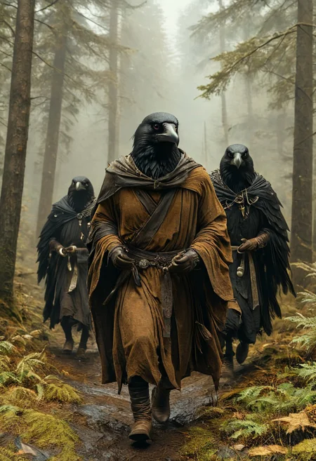 (masterpiece,best quality,ultra_detailed,highres,absurdres:1.2), DnD_Grainyboyz,
BREAK
highly detailed photo of black corvidfolk running through forest, wearing brown robe, moody forest,