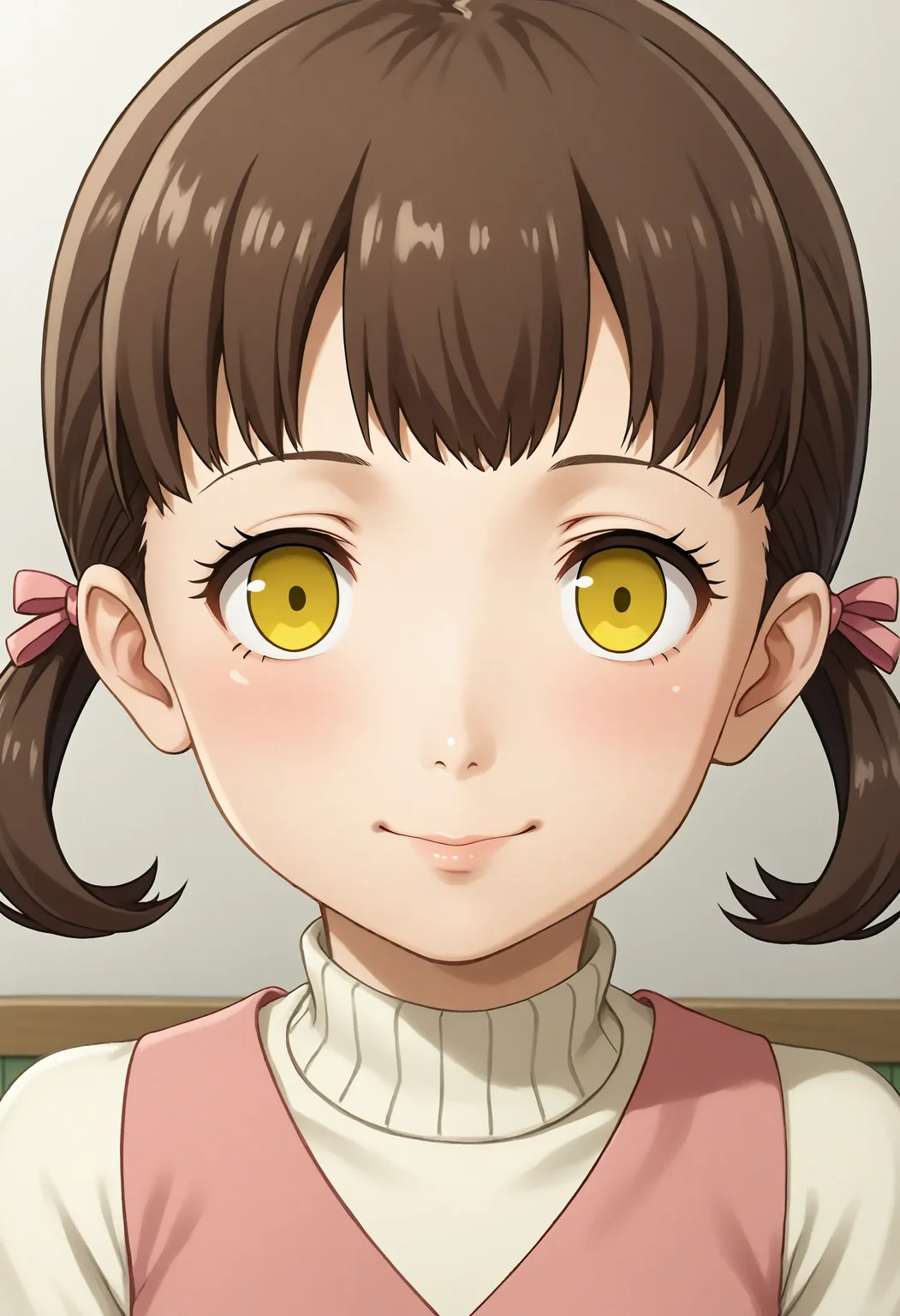 <lora:Hyper-SDXL-8steps-lora:1> score_9, score_8_up, score_7_up, best quality, uncensored, source_anime, 
BREAK
front view, little smile, closed mouth, standing, looking at viewer, upper body, portrait, close-up face, facing viewer, indoors, 
no background, white background, 1girl, (blush:-1.2), 
<lora:P4-doujima_nanako_XL(pony)v10:1> p4-shadow_nanako, brown hair, low twintail, yellow eyes, empty eyes, p4-nanako outfit, pink dress, white sleeves, red skirt, white socks, red shoes,