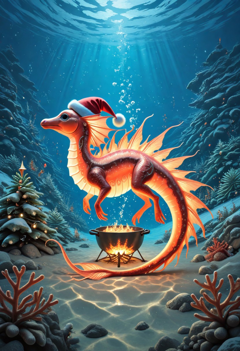 masterpiece, best quality, high quality, good quality, man, animal face, Seahorses, christmas animals, cooking, underwater, glowing corals, festive ambiance, bioluminescence, holiday theme, detailed, intricate details, dynamic lighting, festive accessories, Santa hats, christmas animals, d2j3m0x